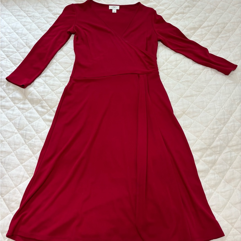 Elegant Garnet Red faux Wrap Dress EUC 3/4 length sleeves
